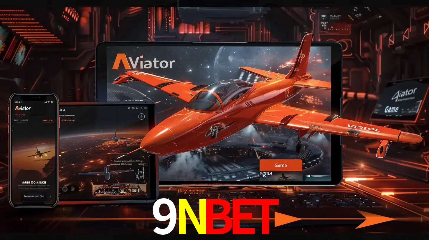 Apresentação tecnológica do jogo Aviator com um avião saindo da tela de um tablet, demonstrando a experiência imersiva em múltiplos dispositivos no 9NBET.