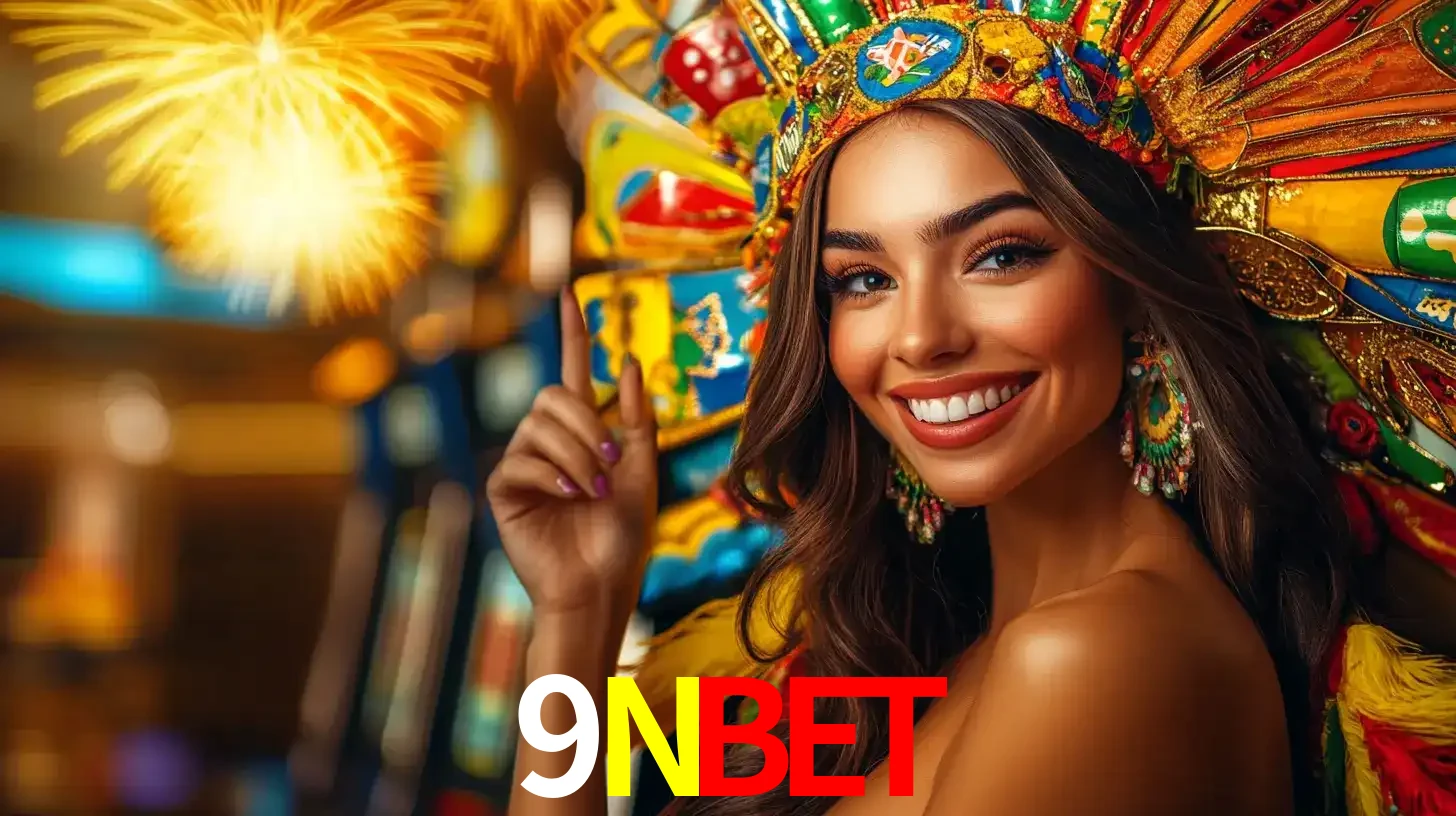 Mulher sorridente com um cocar de carnaval vibrante e colorido, celebrando uma grande vitória nos jogos do cassino 9NBET com fogos de artifício ao fundo.