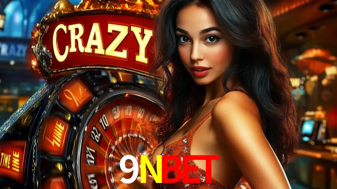 Mulher glamourosa olhando para a câmera com a roda vermelha do Crazy Time ao fundo em um ambiente de cassino, destacando a emoção dos jogos ao vivo no 9NBET.