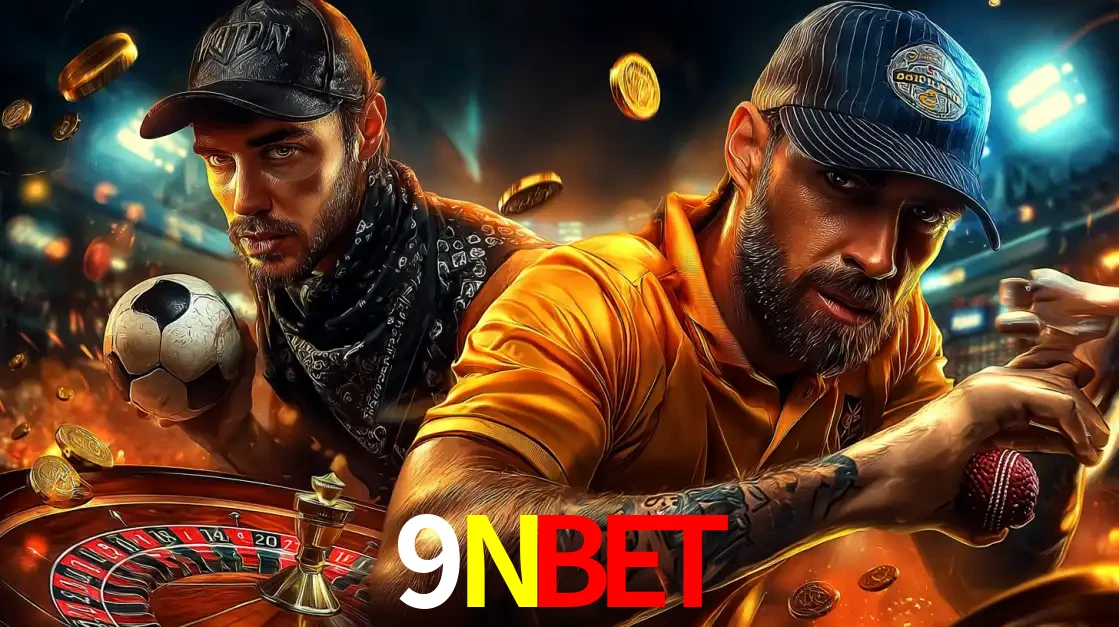 Montagem de apostas esportivas e cassino no 9NBET, com um homem segurando uma bola de futebol e outro uma de beisebol sobre uma roleta e moedas voadoras.