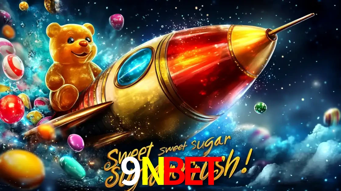 Arte promocional do jogo de slot Sugar Rush, com um urso de pelúcia em um foguete viajando pelo espaço de doces, um dos jogos divertidos disponíveis no cassino 9NBET.