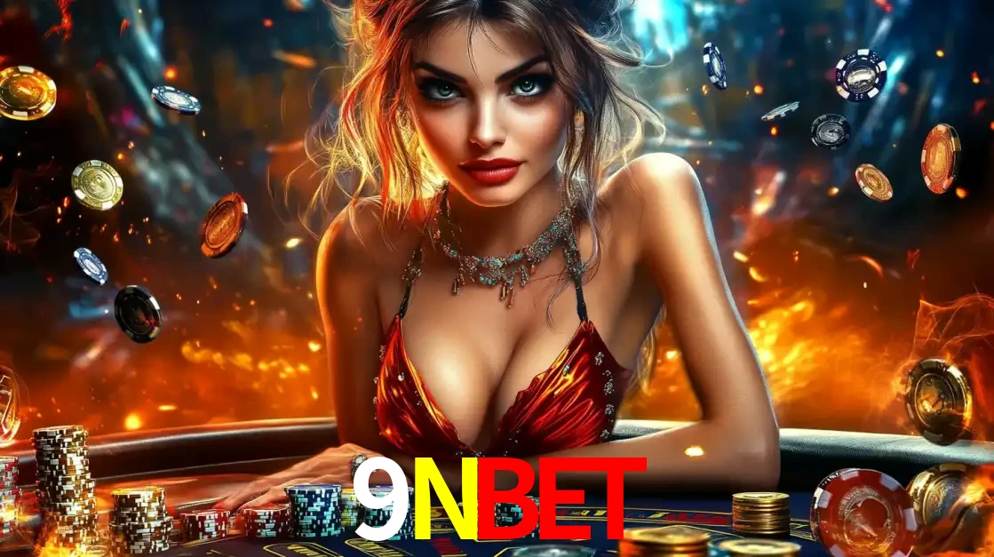 Mulher em uma mesa de cassino com pilhas de fichas e um fundo de fogo, pronta para uma rodada de altas apostas nos jogos de mesa emocionantes do cassino 9NBET.