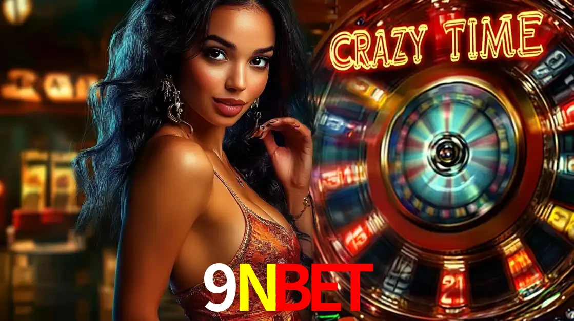 Mulher elegante ao lado da vibrante roda da fortuna do jogo de cassino ao vivo Crazy Time, um dos game shows mais populares e cheios de prêmios do 9NBET.