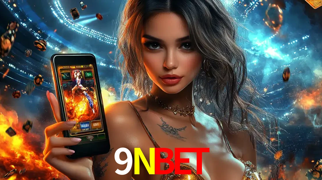 Mulher segurando um celular com um jogo de slot em destaque, tendo como fundo um estádio vibrante, simbolizando a emoção de jogar no cassino móvel 9NBET.